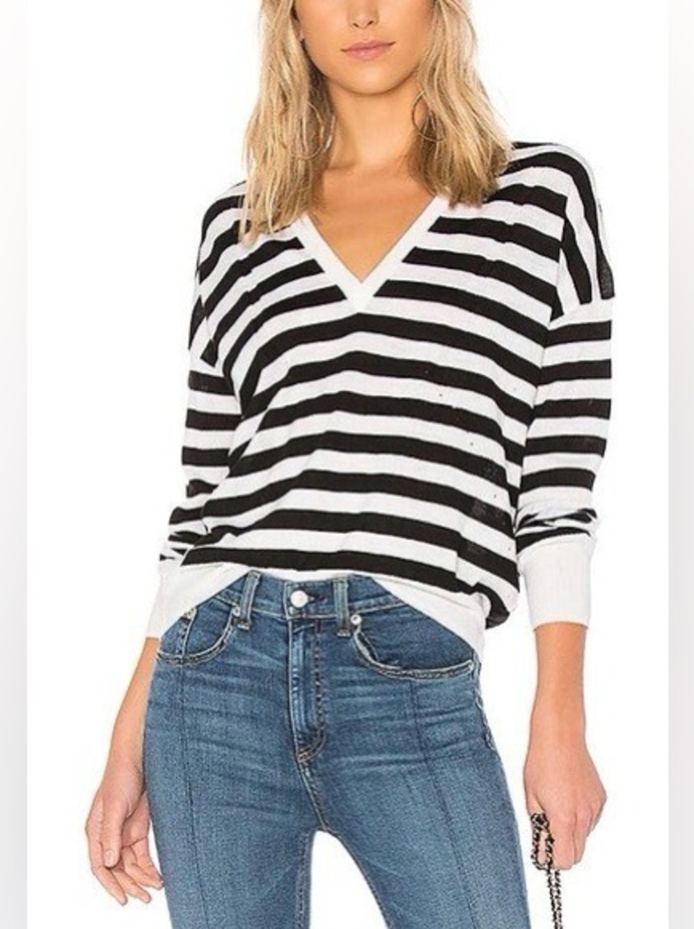Rag & Bone Bevan Stripped 100% Merino Wool Sweater Black & off White SZ XS VNeck
